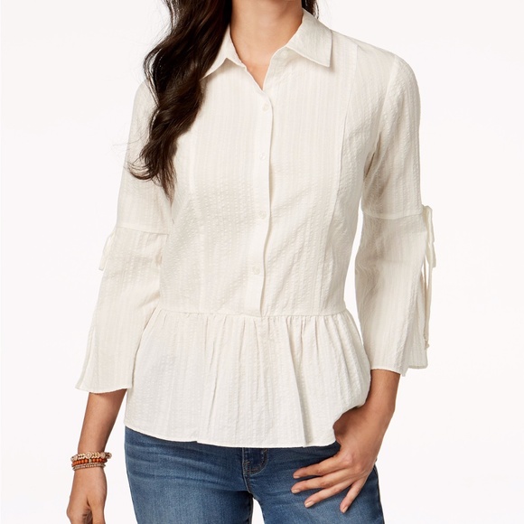 Style & Co Petite Cotton Peplum Tie-Sleeve Shirt - Picture 1 of 3